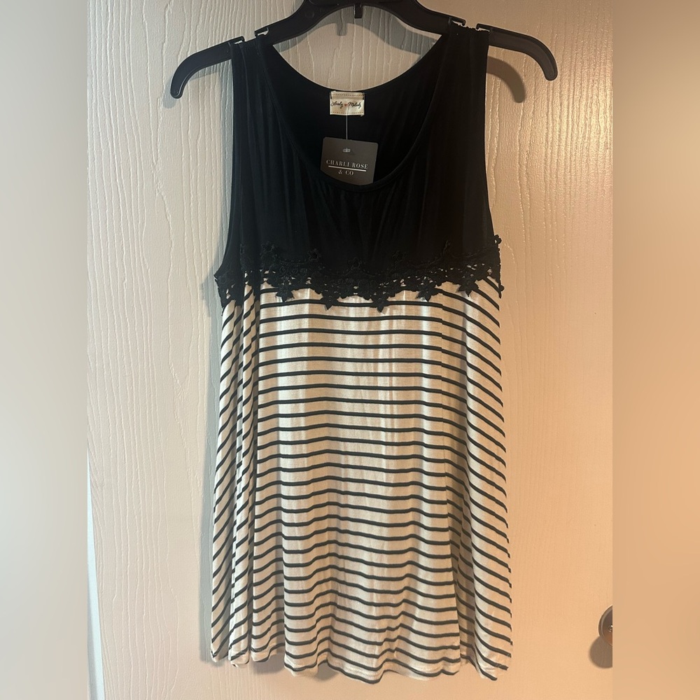 Charlie Rose Black and White Striped Lace-Trim Tank